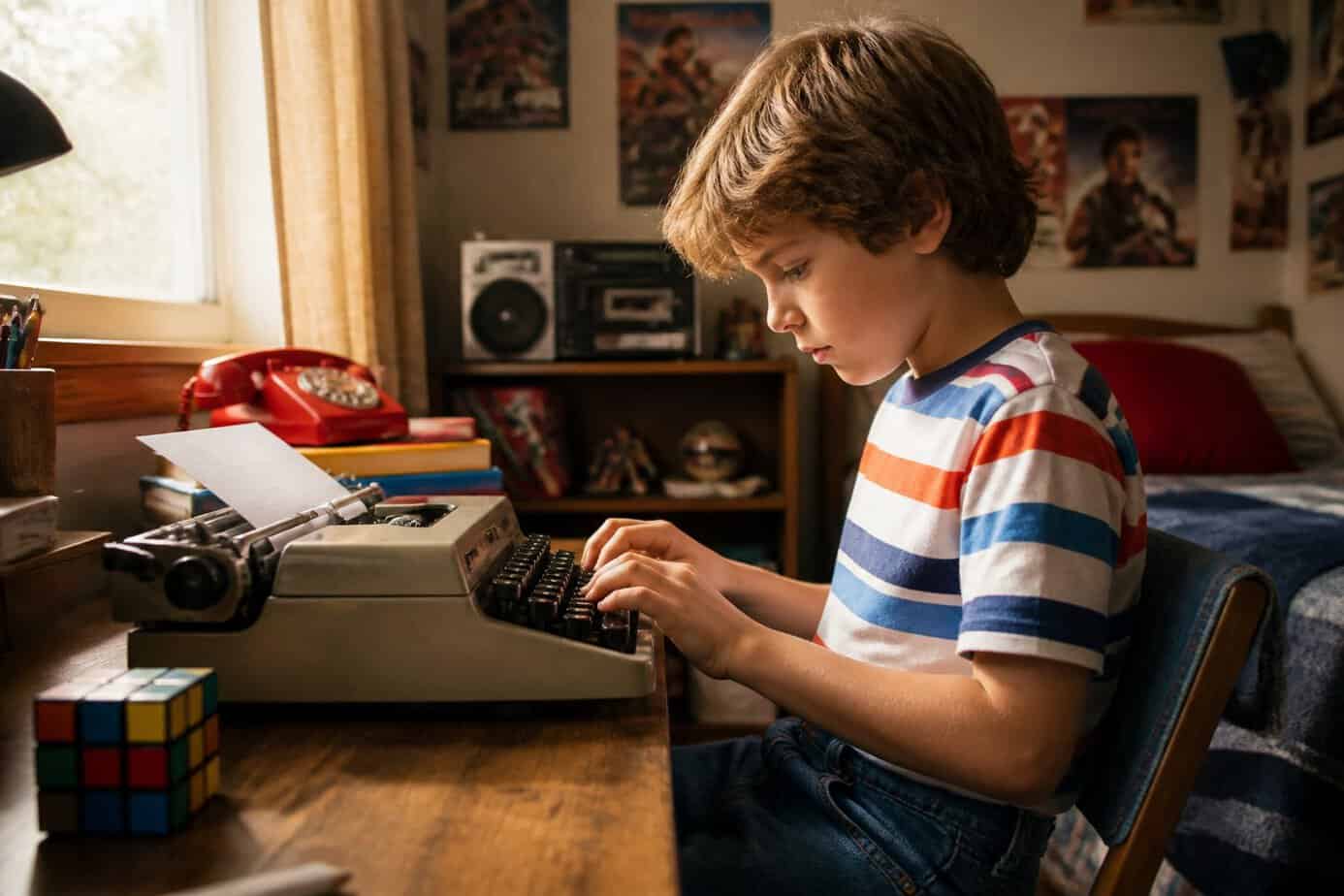 A young child learning to type on a manual typewriter at a wooden desk in a cozy room with 1980s decor.