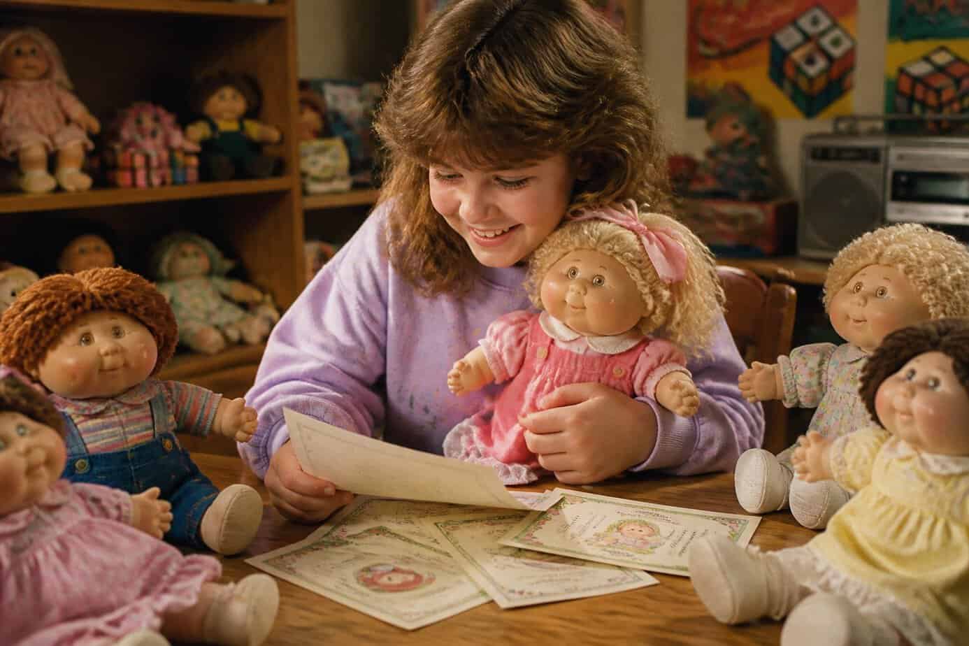 A child sitting at a table with several Cabbage Patch Kids dolls and adoption papers, surrounded by 1980s toys and memorabilia.