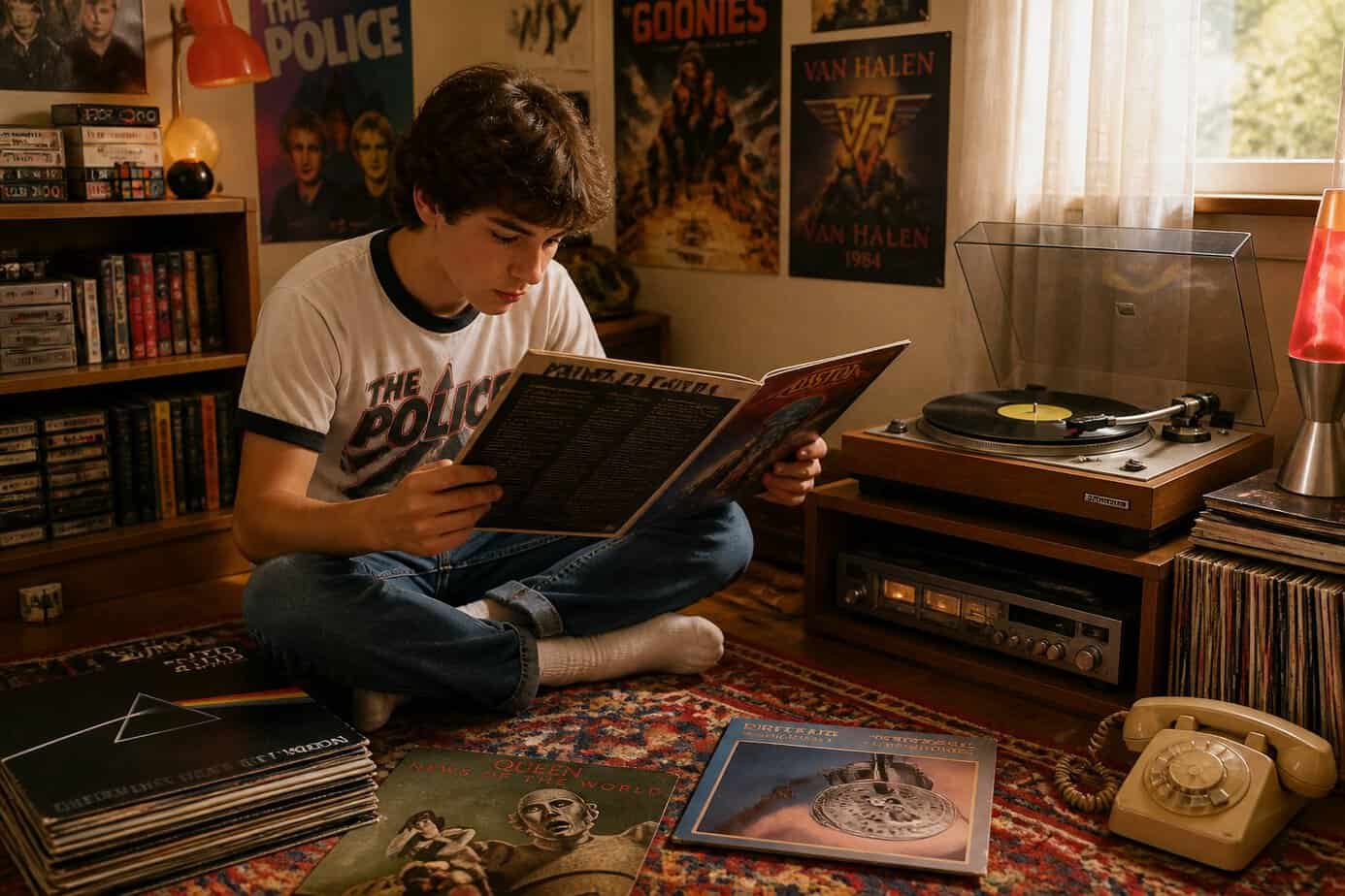 A young person sitting on the floor listening to a vinyl record and reading the album liner notes in a room decorated with 1980s items.