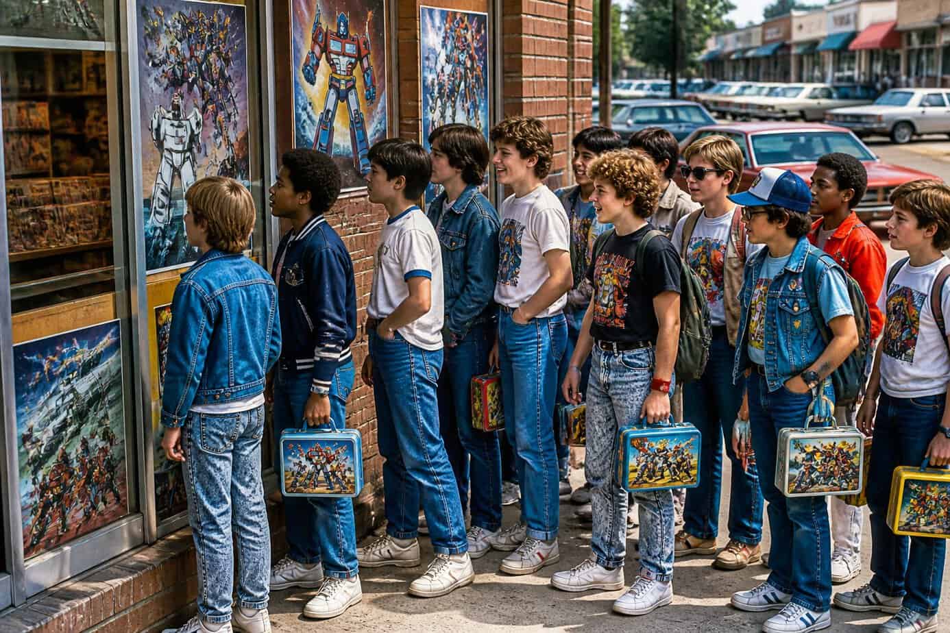 Children and teenagers in 1980s clothing waiting excitedly outside a comic book store with colorful displays of Transformers and G.I. Joe comics.