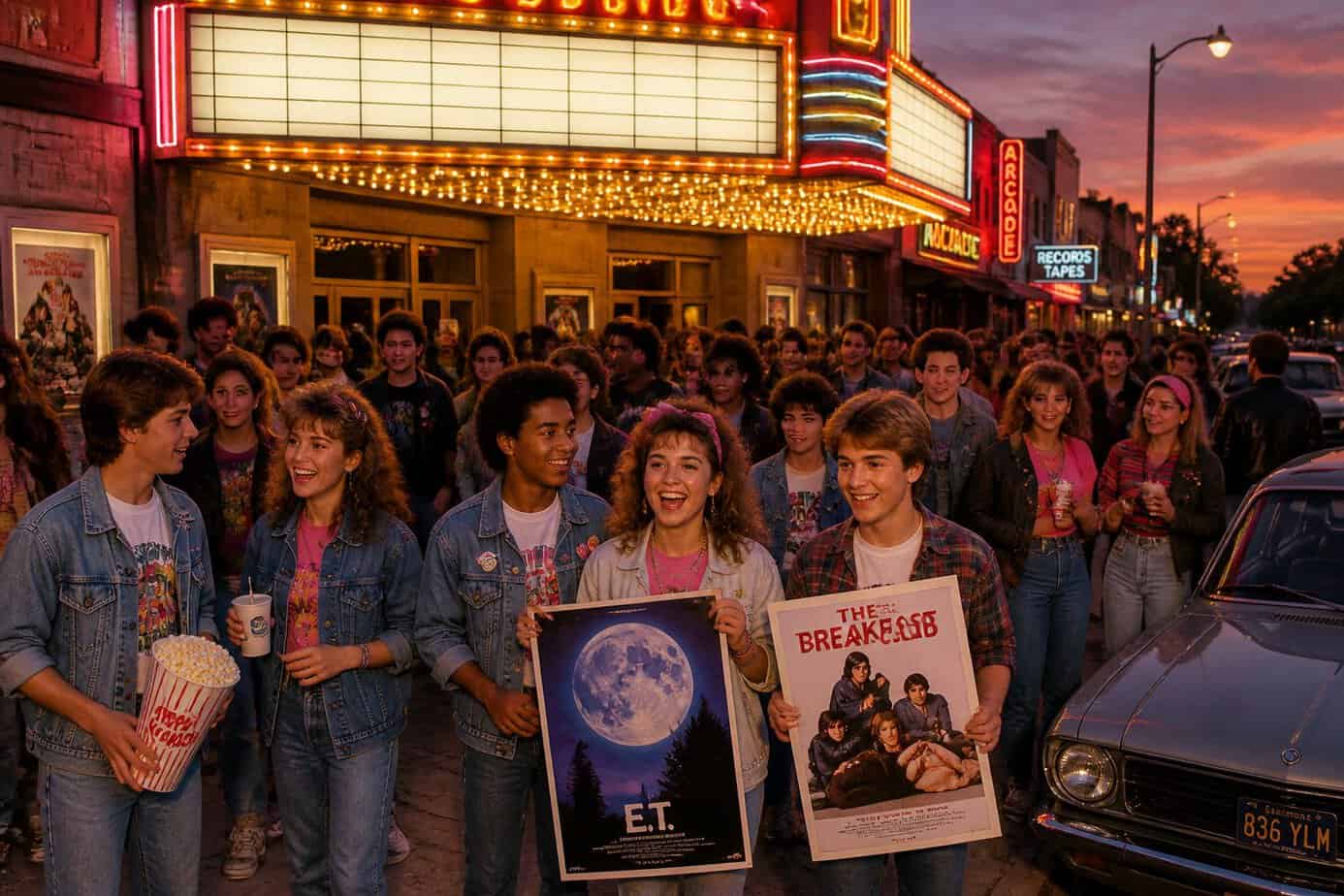 A group of teenagers and families outside a 1980s movie theater, dressed in vintage clothes, excitedly waiting for a film premiere.