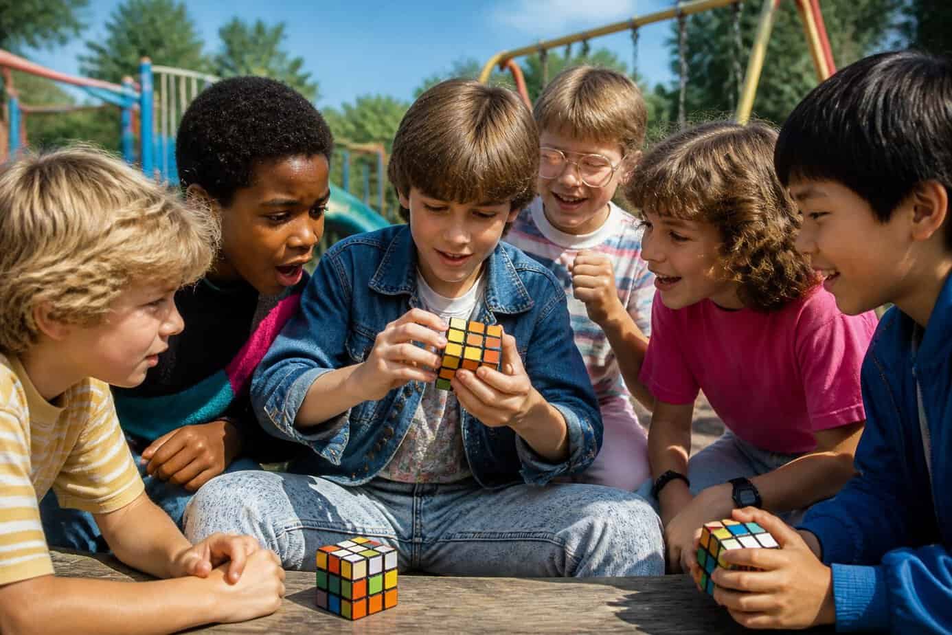Children playing and competing with Rubik's Cubes on a sunny playground.