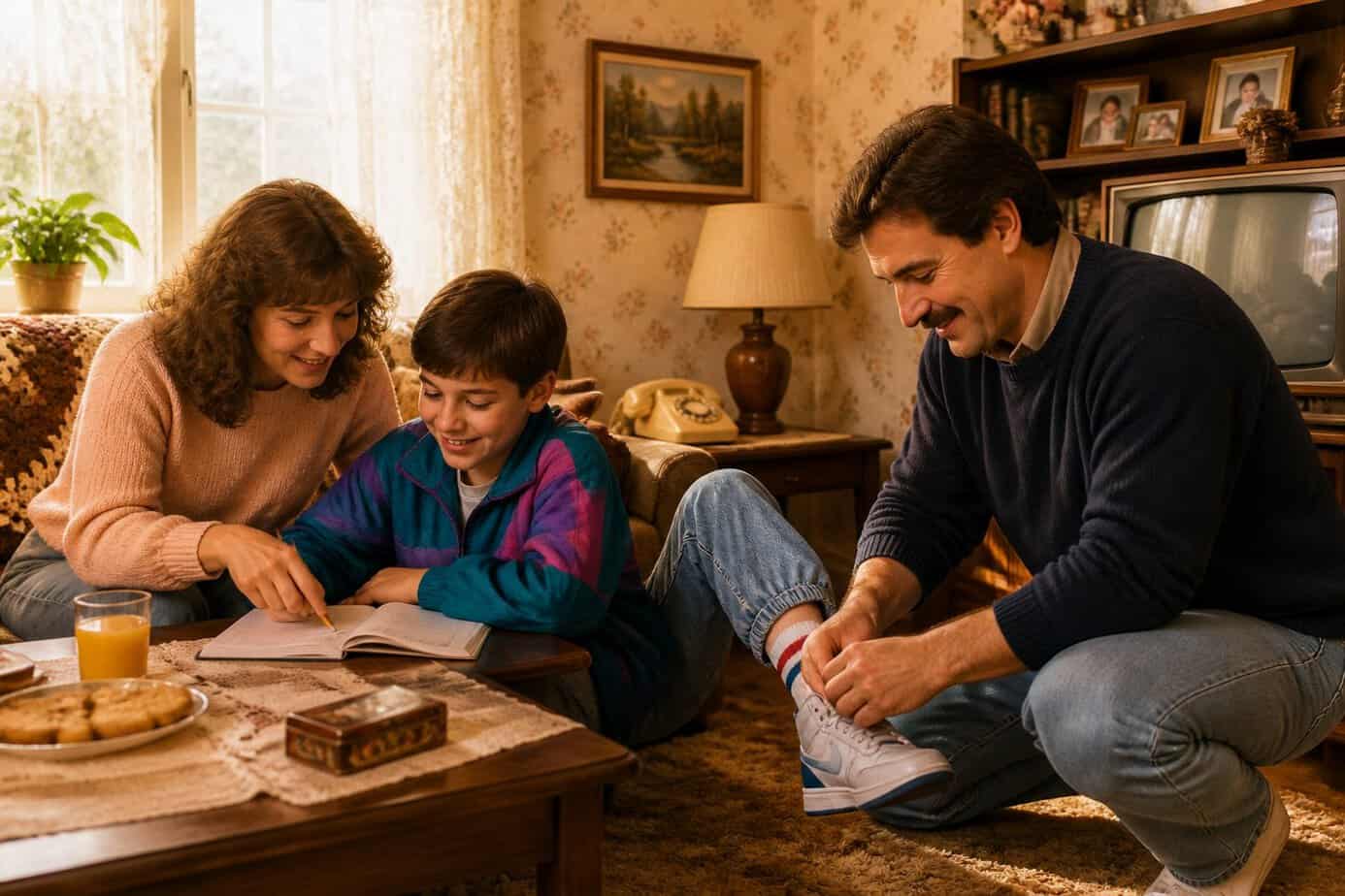 Parents and child sharing a warm moment in a 1980s living room, showing gentle acts of care and attention.