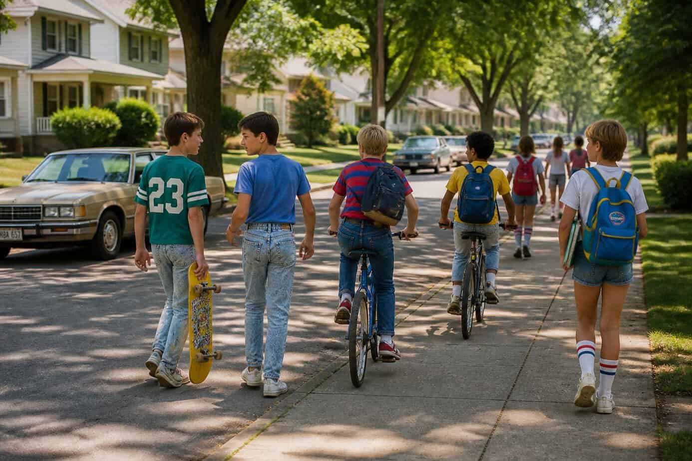 Children walking and biking freely along a quiet neighborhood street on a sunny day, heading to visit friends.