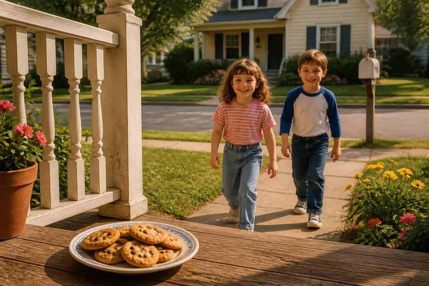 A plate of cookies on a porch with two children approaching happily in a suburban neighborhood.