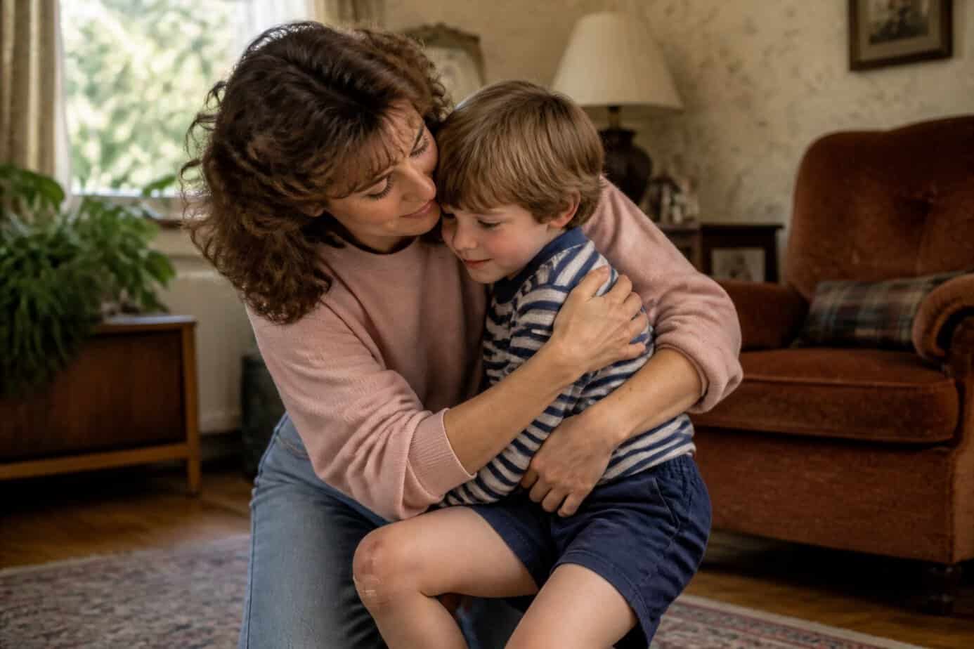 A parent hugging a child with a scraped knee, offering comfort and reassurance.