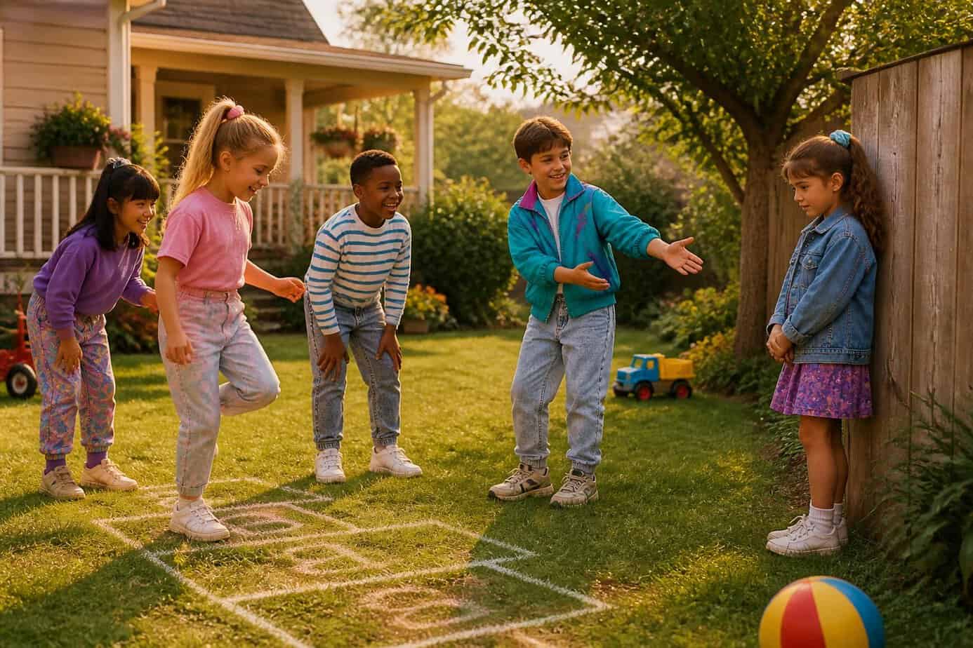 A child inviting a shy classmate to join a game in a backyard while other children play nearby.