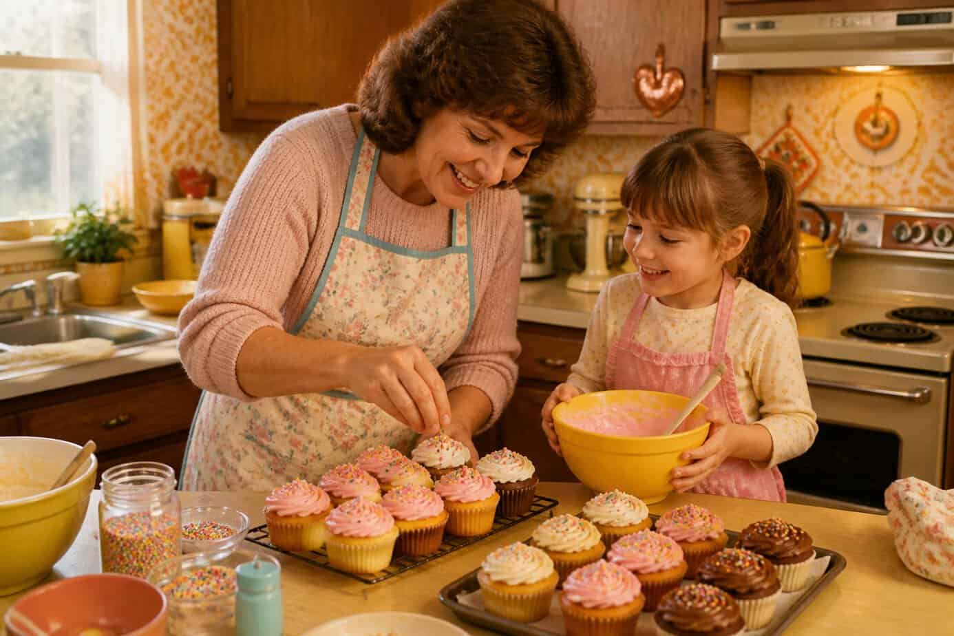 A parent and child baking and decorating birthday cupcakes together in a cozy kitchen.