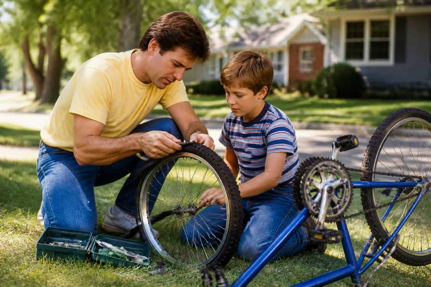 A parent and child fixing a bicycle flat tire together outdoors, focusing on the tire and tools on the grass.