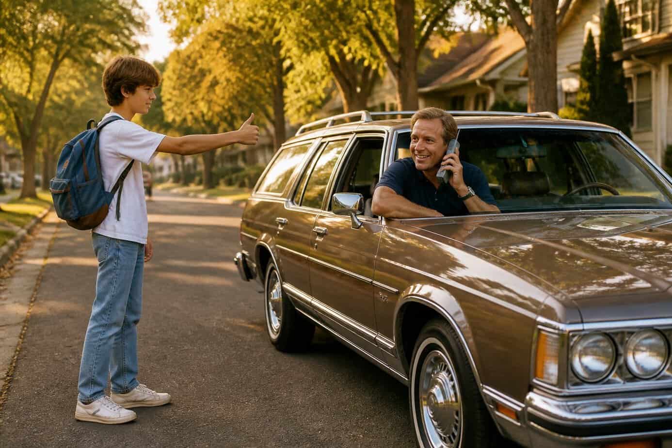 A driver stops their car on a suburban street to help a teenage hitchhiker, then uses a phone to call the parents.