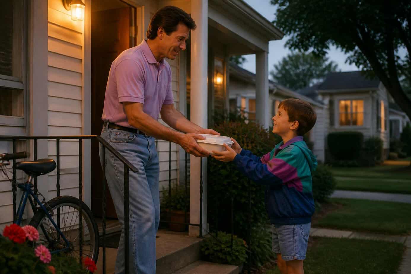 A parent shares leftover takeout food with a young neighbor child on a suburban front porch.