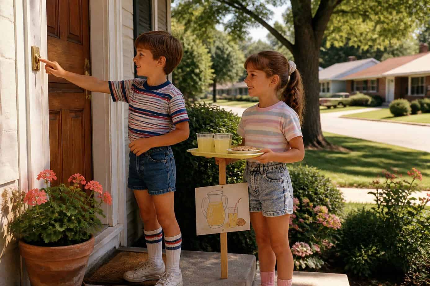 Two children ringing a neighbor’s doorbell to sell lemonade and cookies in a suburban neighborhood.