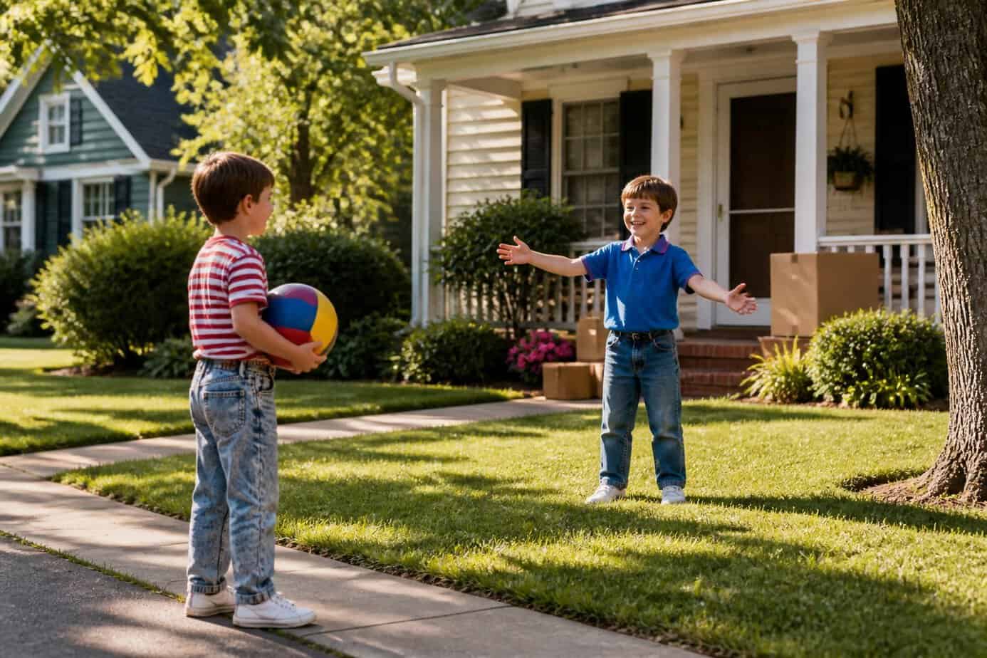 Two children in a suburban yard, one inviting the other to play near a new family's house with moving boxes on the porch.