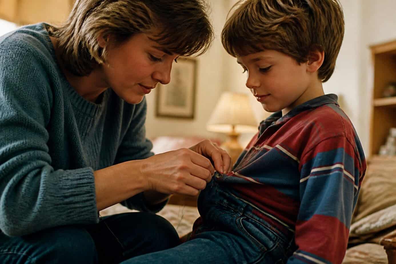 A parent sewing a loose button on a child's shirt while the child watches patiently.