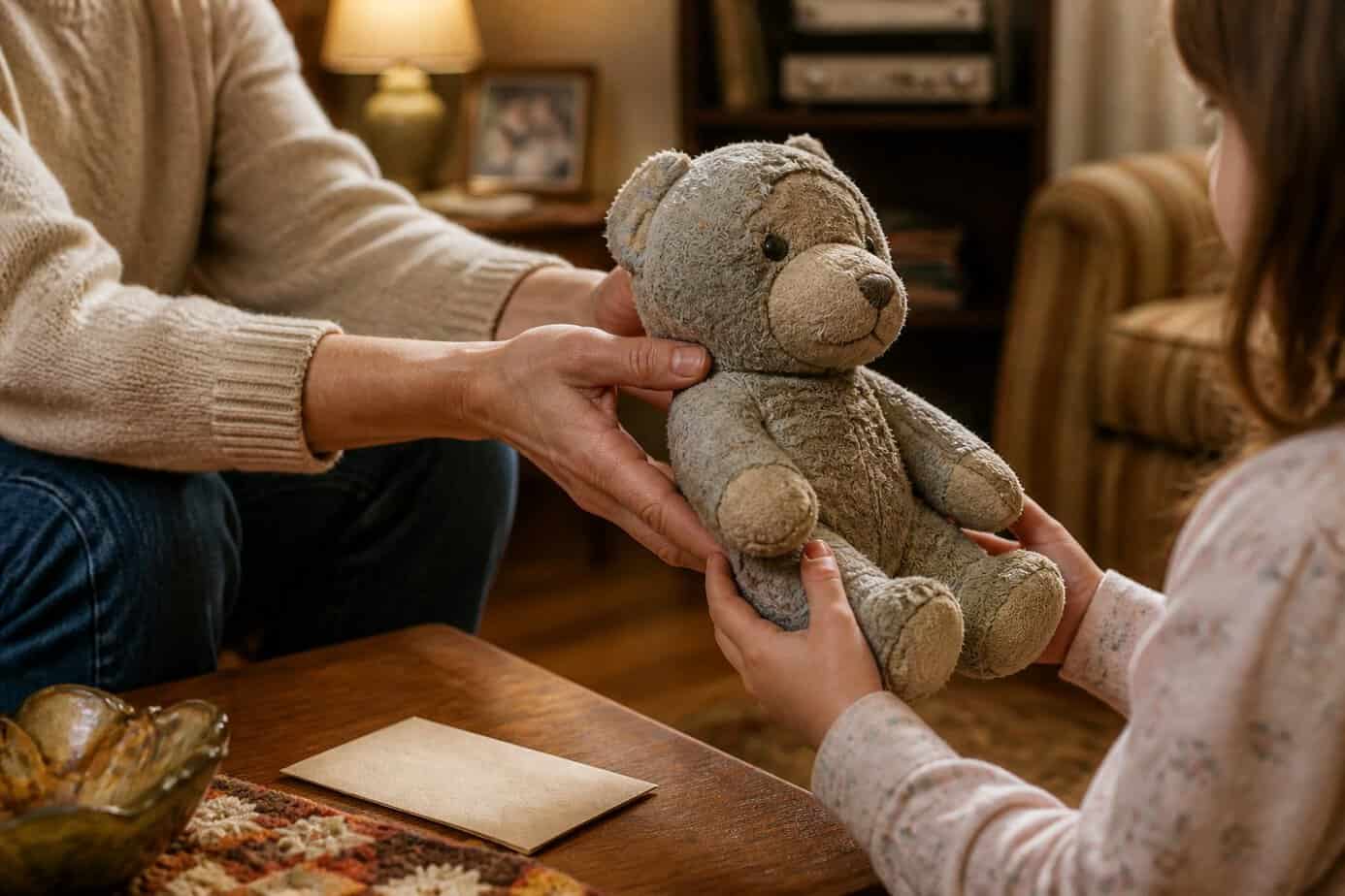 A parent handing a worn stuffed animal to their child in a cozy living room, symbolizing a cherished family tradition.