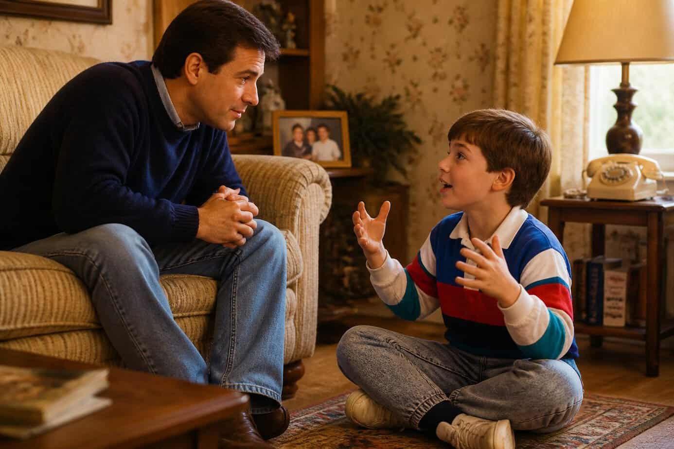 A parent attentively listening to their child who is excitedly telling a story in a cozy living room.