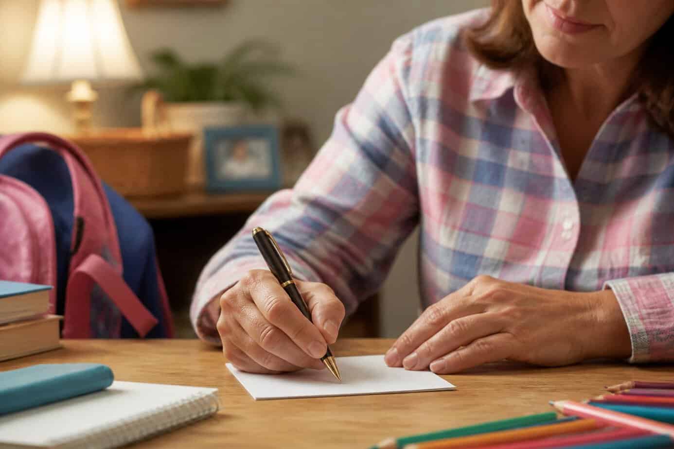 A person writing a handwritten compliment on a small school note card at a desk with school supplies nearby.