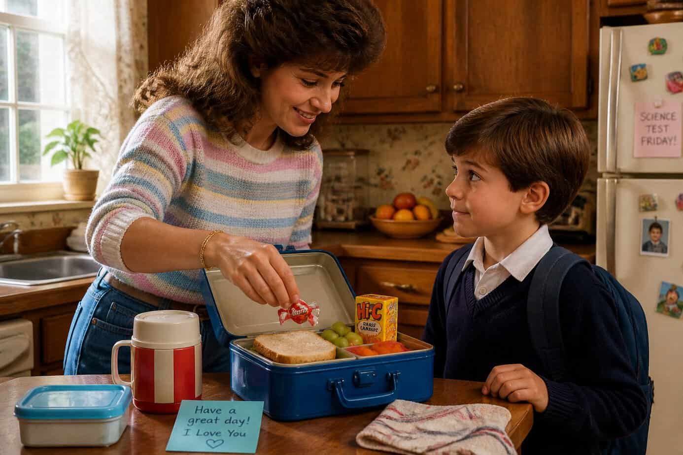 A parent quietly placing an extra piece of candy into a child's lunchbox in a kitchen.