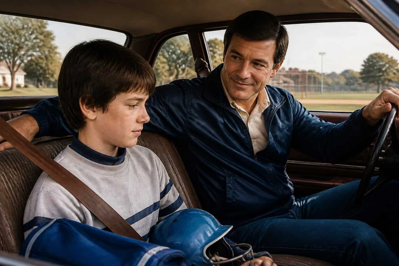 A parent drives their shy child to weekend sports practice in a car, showing care and support.