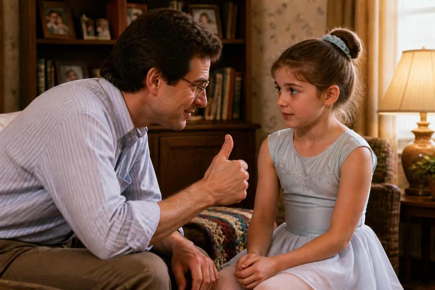 A parent quietly giving a thumbs-up to their nervous child before a recital in a cozy living room.