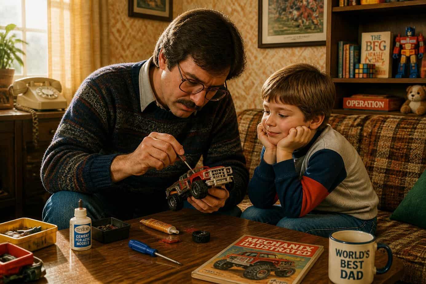 A parent fixing a broken toy while a child watches closely in a cozy living room.
