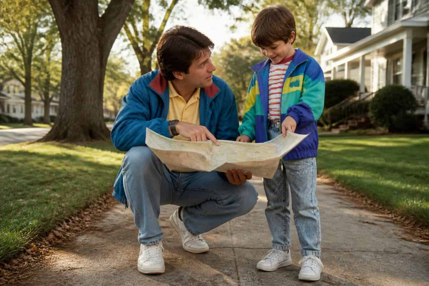 A parent teaching a young child how to read a paper map outdoors during a neighborhood scavenger hunt.