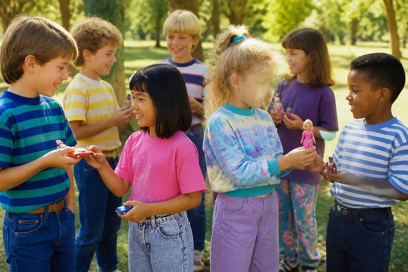 Children happily trading small toys with each other outdoors in a sunny park.