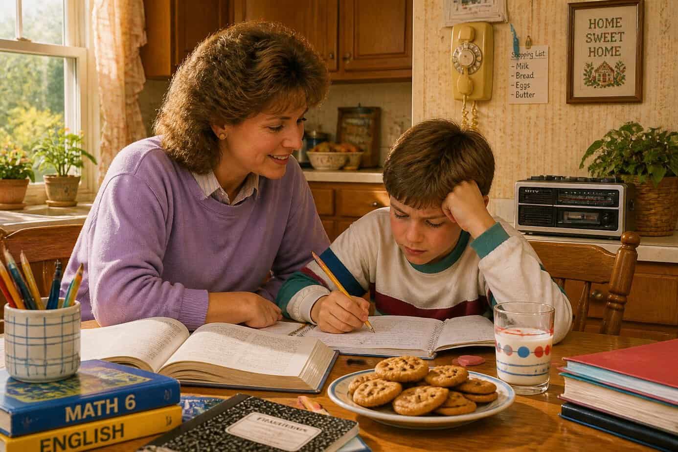 A parent helping a child with homework at a kitchen table while offering snacks.