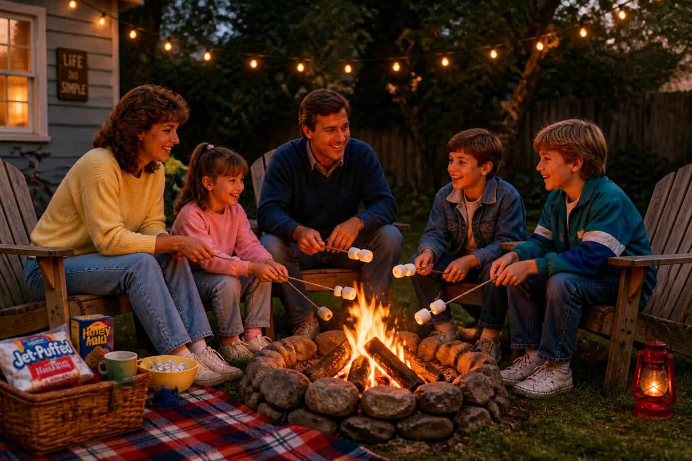 A family roasting marshmallows around a campfire in a backyard during early evening.
