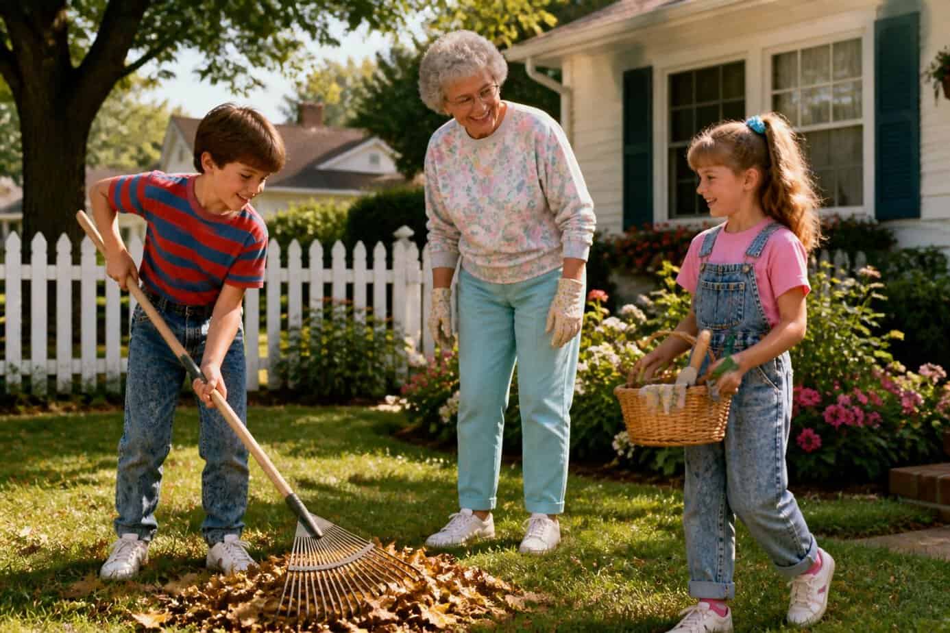 Two children helping an elderly woman with outdoor chores in a sunny neighborhood.