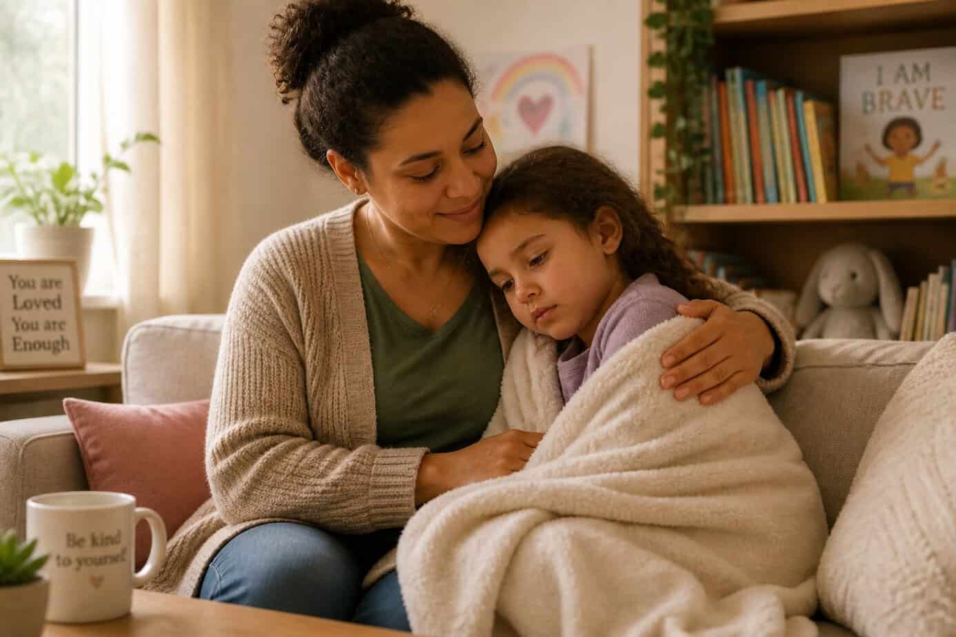 A parent comforting a young child who is resting on a couch, showing care and support.