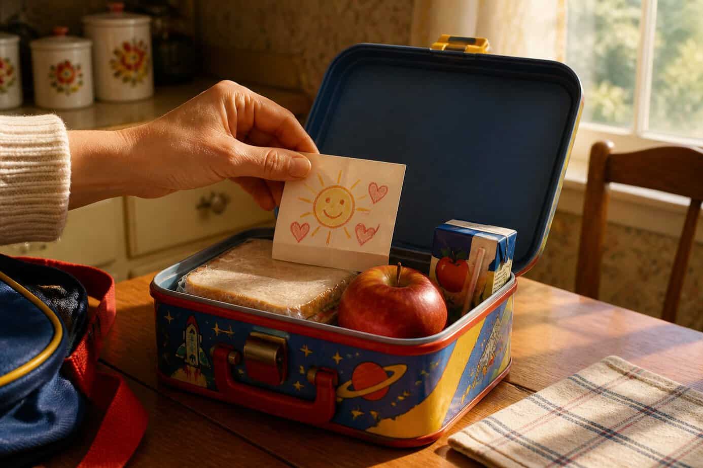 A parent's hand placing a small note with a playful doodle inside a child's colorful lunchbox on a kitchen table.