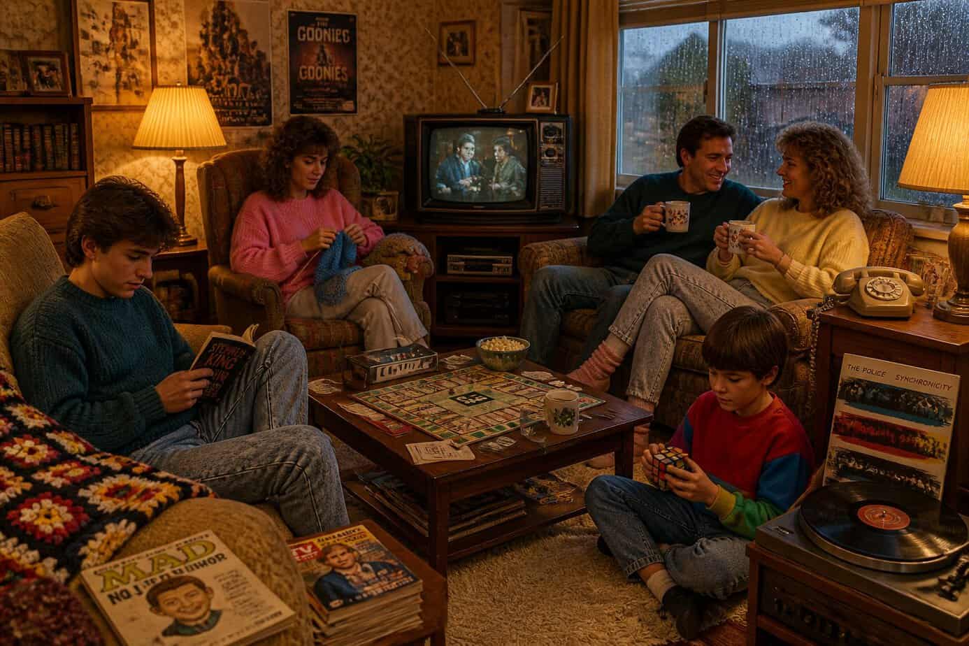 A family enjoying a cozy rainy day indoors in the 1980s, surrounded by vintage decor and engaged in relaxing activities.