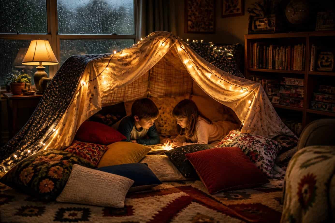A cozy blanket fort made of mismatched pillows and fairy lights inside a living room on a rainy day.
