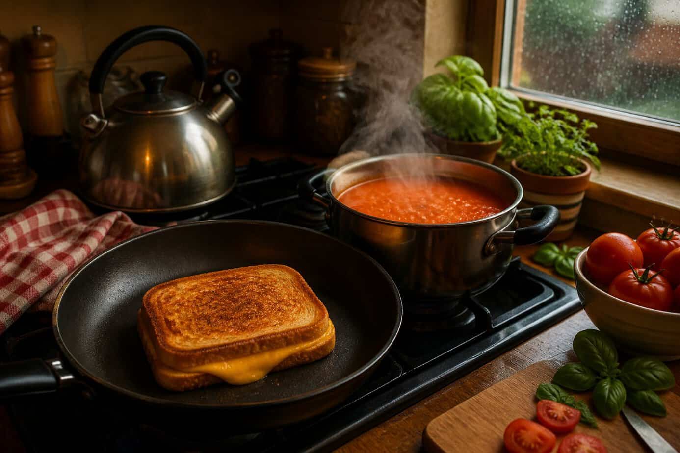 A stovetop with a grilled cheese sandwich cooking in a pan and a pot of tomato soup simmering, set in a cozy kitchen.