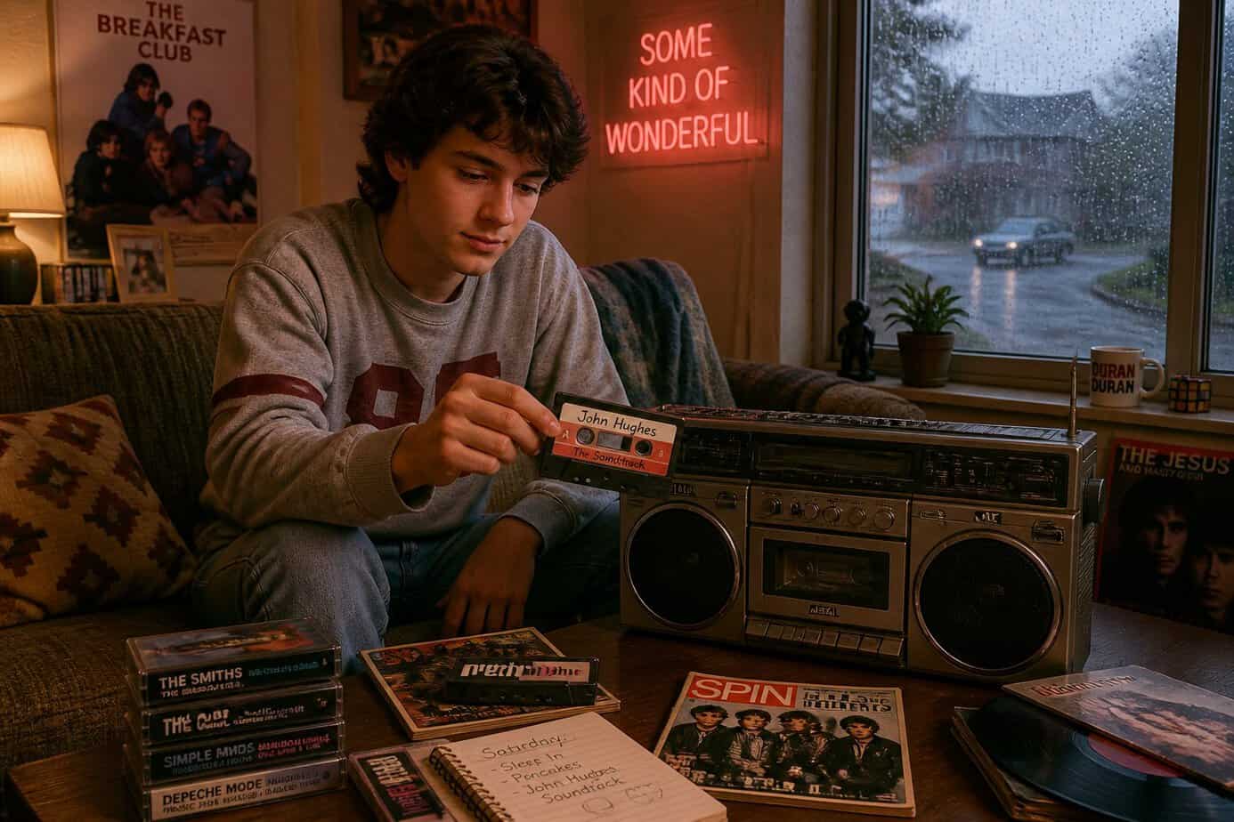 Person sitting on a couch near a rainy window, holding a cassette tape and preparing to play it on a cassette player in a cozy room.