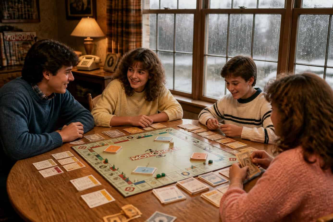 People playing Monopoly by a window with rain falling outside.