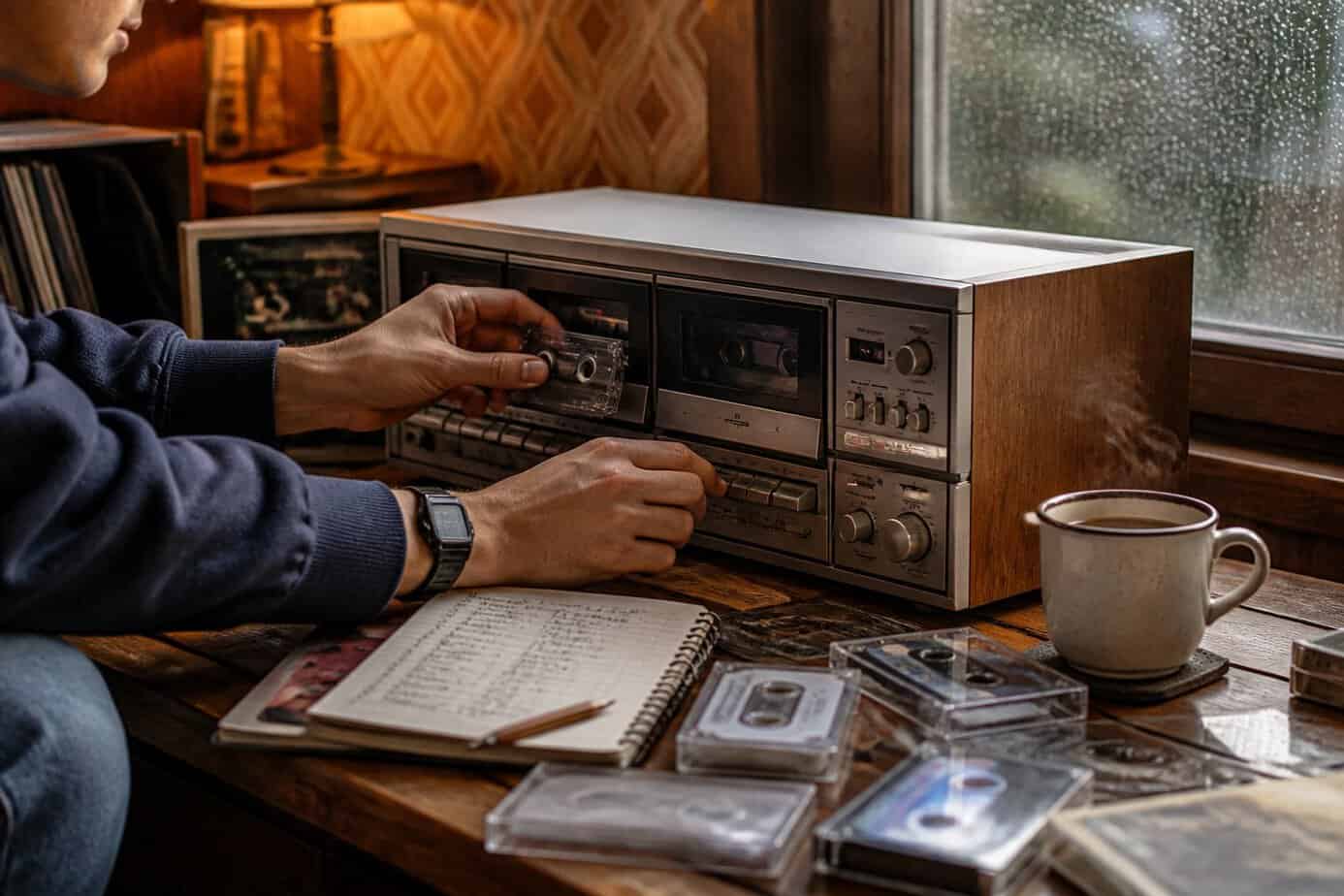 Person mixing a mixtape on a vintage dual-cassette deck indoors on a rainy day with cassette tapes and a cup of tea nearby.