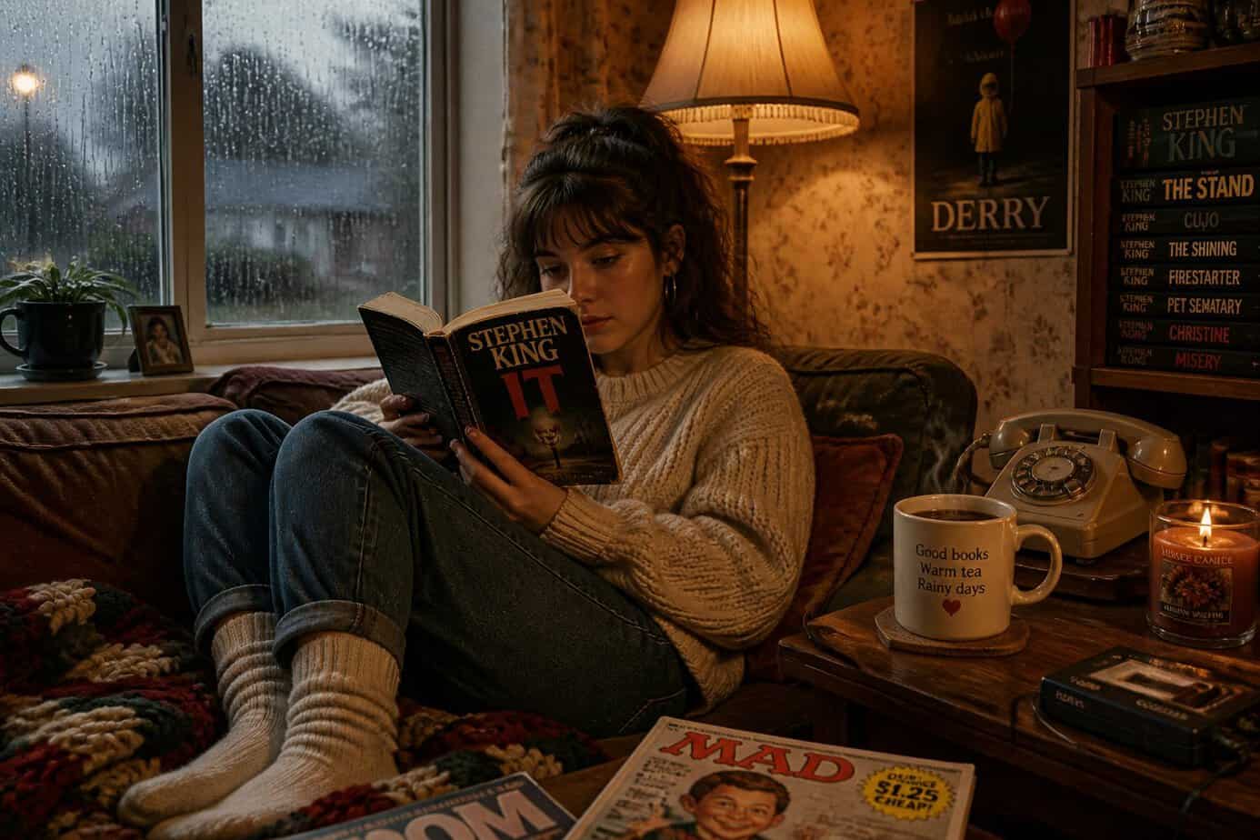 Person sitting on a sofa by a rainy window, reading a paperback book with a warm drink nearby.