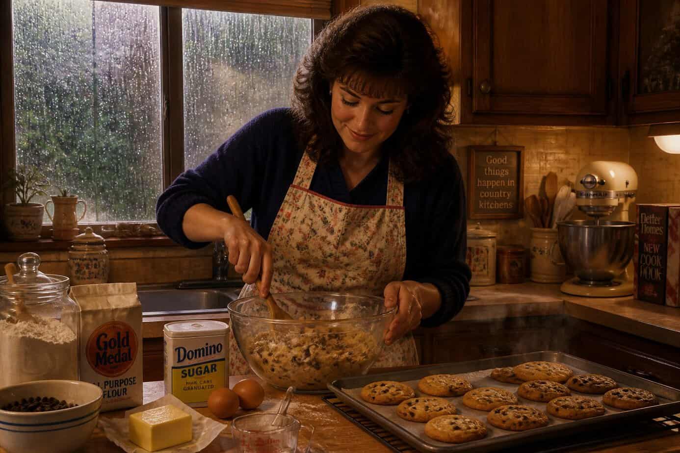 Person mixing chocolate chip cookie dough in a cozy kitchen with rain visible outside the window.