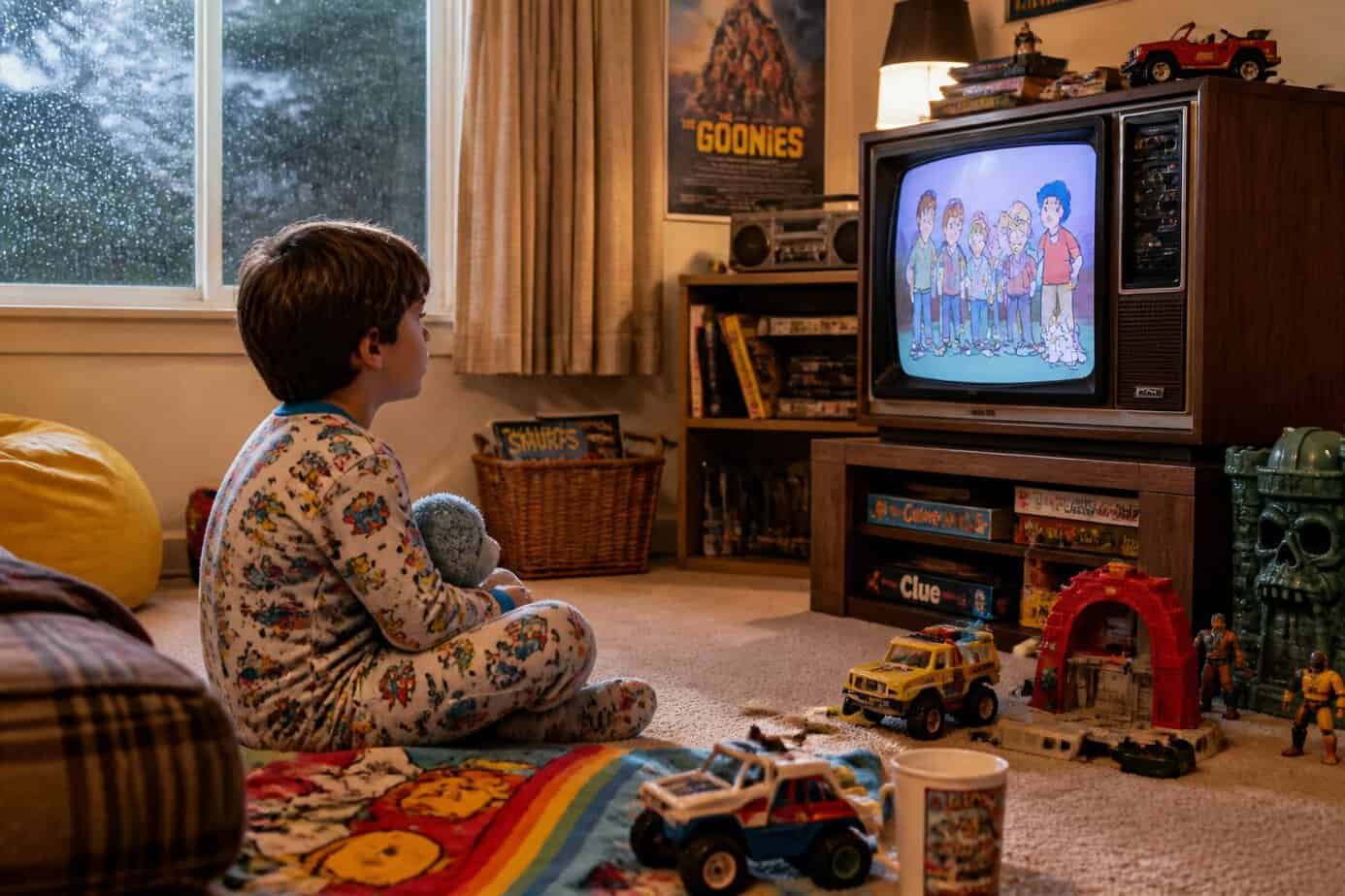 Child in colorful footed pajamas watching cartoons on a vintage TV in a cozy living room on a rainy day.