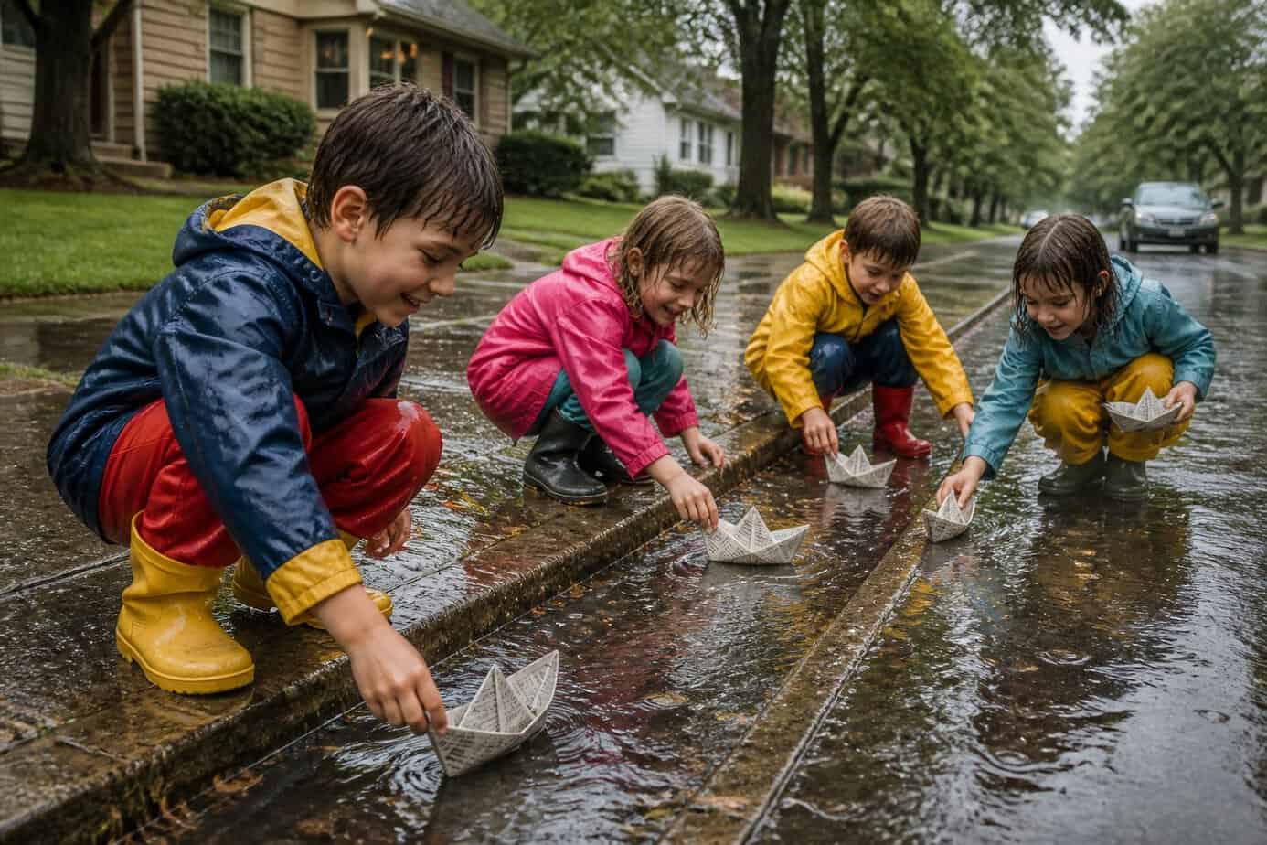 Children in raincoats making paper boats and racing them in rainwater-filled gutters on a wet suburban street.
