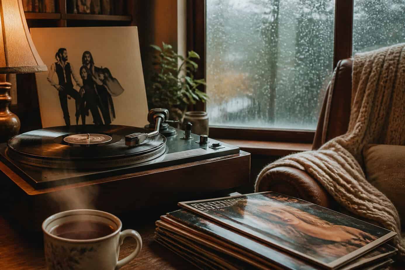 A turntable playing a Fleetwood Mac vinyl near a rainy window, with a steaming cup of tea and a cozy armchair nearby.