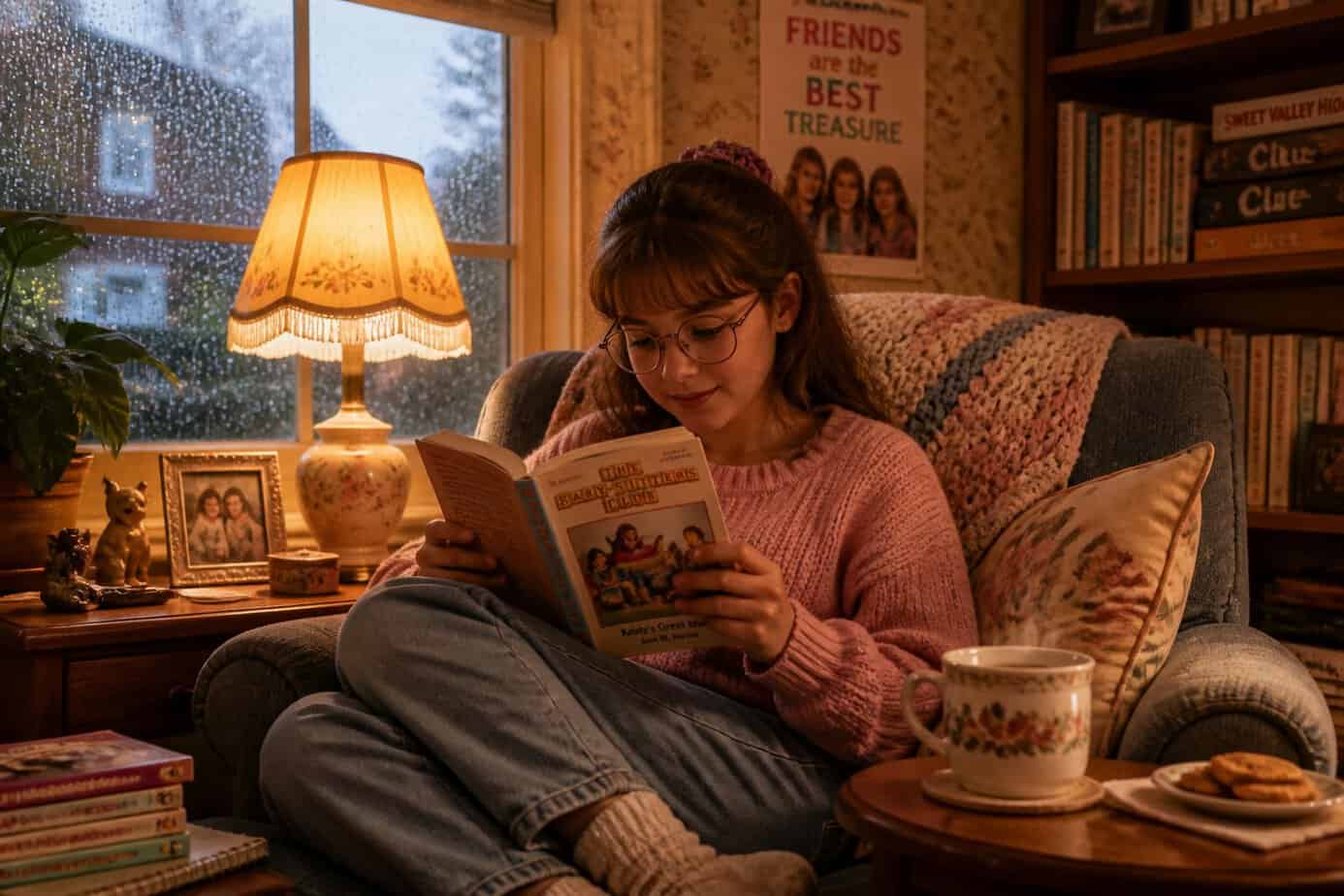 A person reading a book under a lamp inside a cozy room on a rainy day.