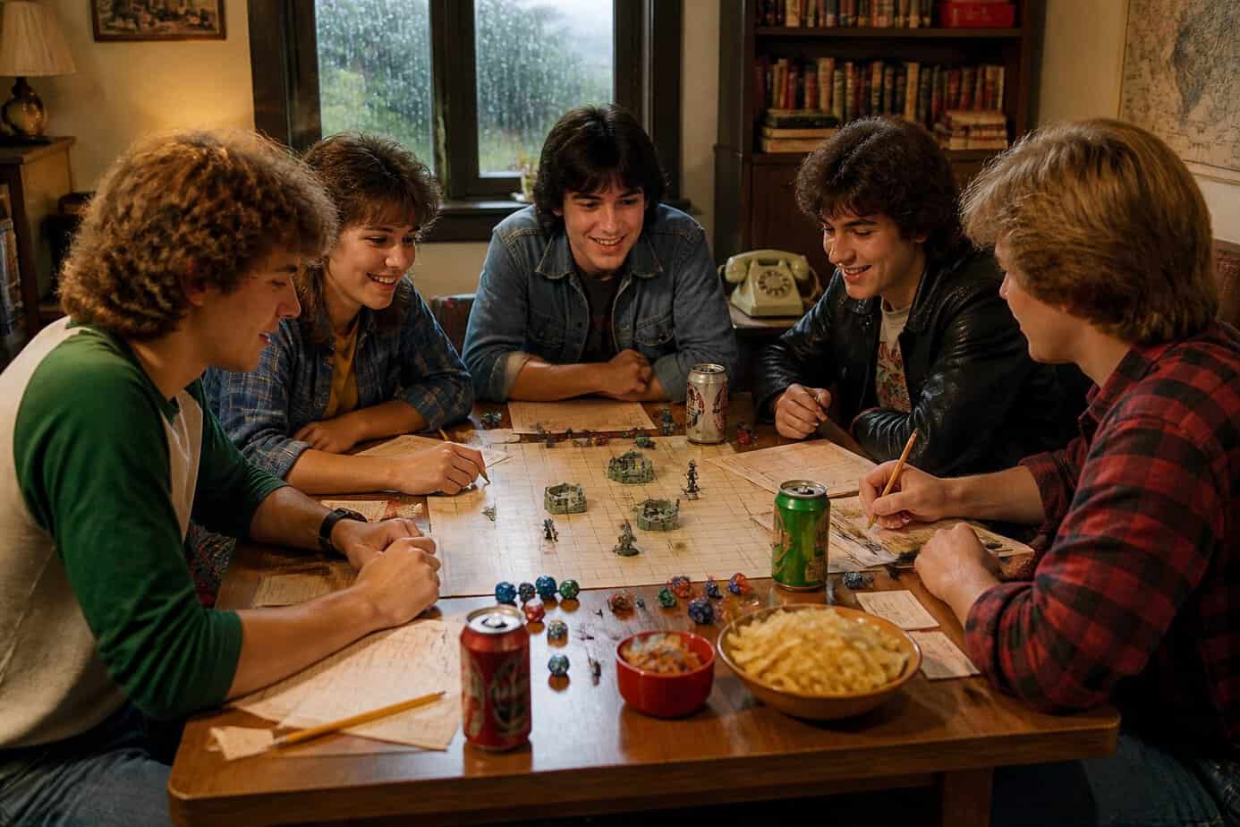 A group of friends playing a tabletop role-playing game with index cards and graph paper on a wooden table inside a cozy room on a rainy day.