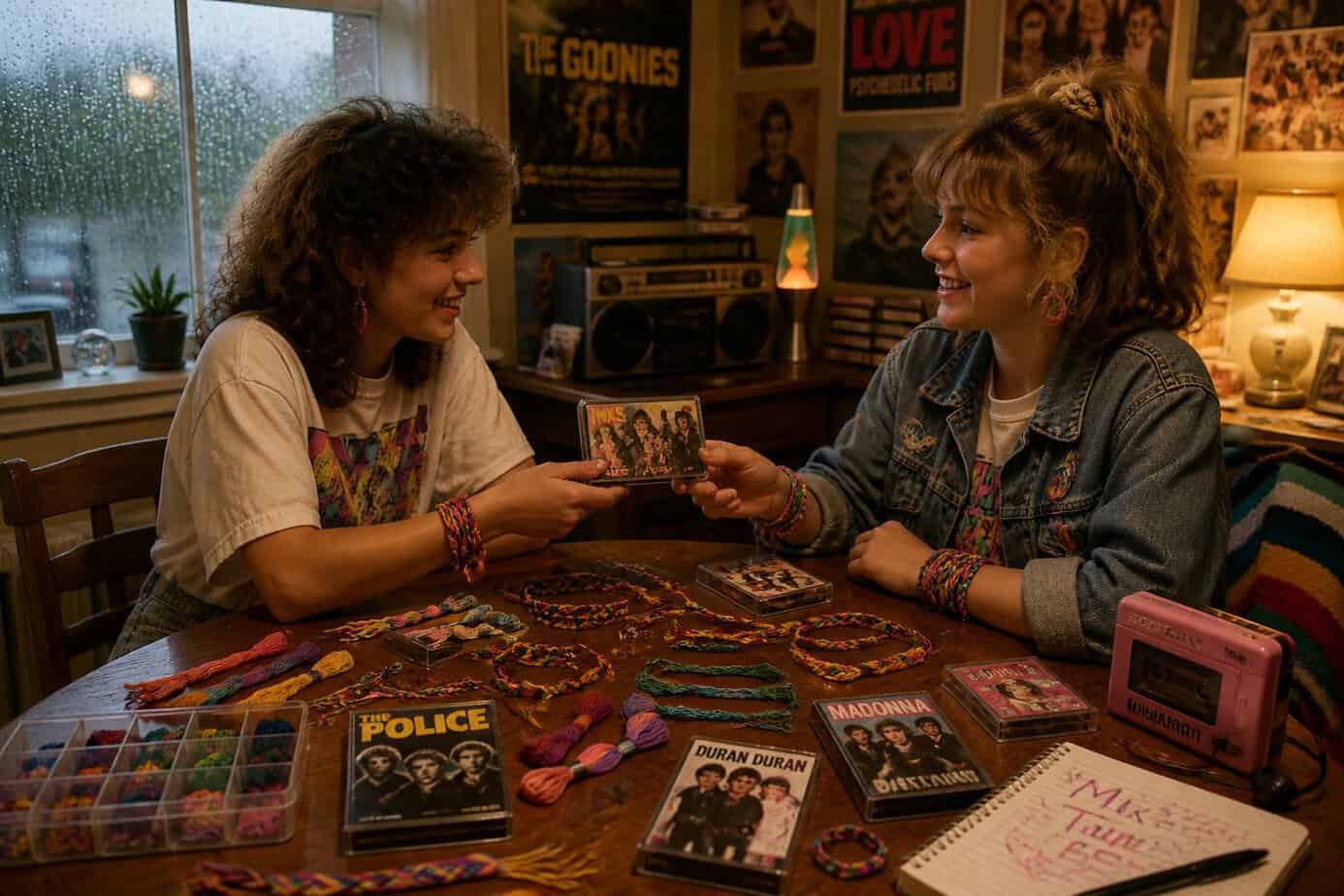 Two teenagers sitting at a table indoors on a rainy day, making friendship bracelets and exchanging cassette tape covers.