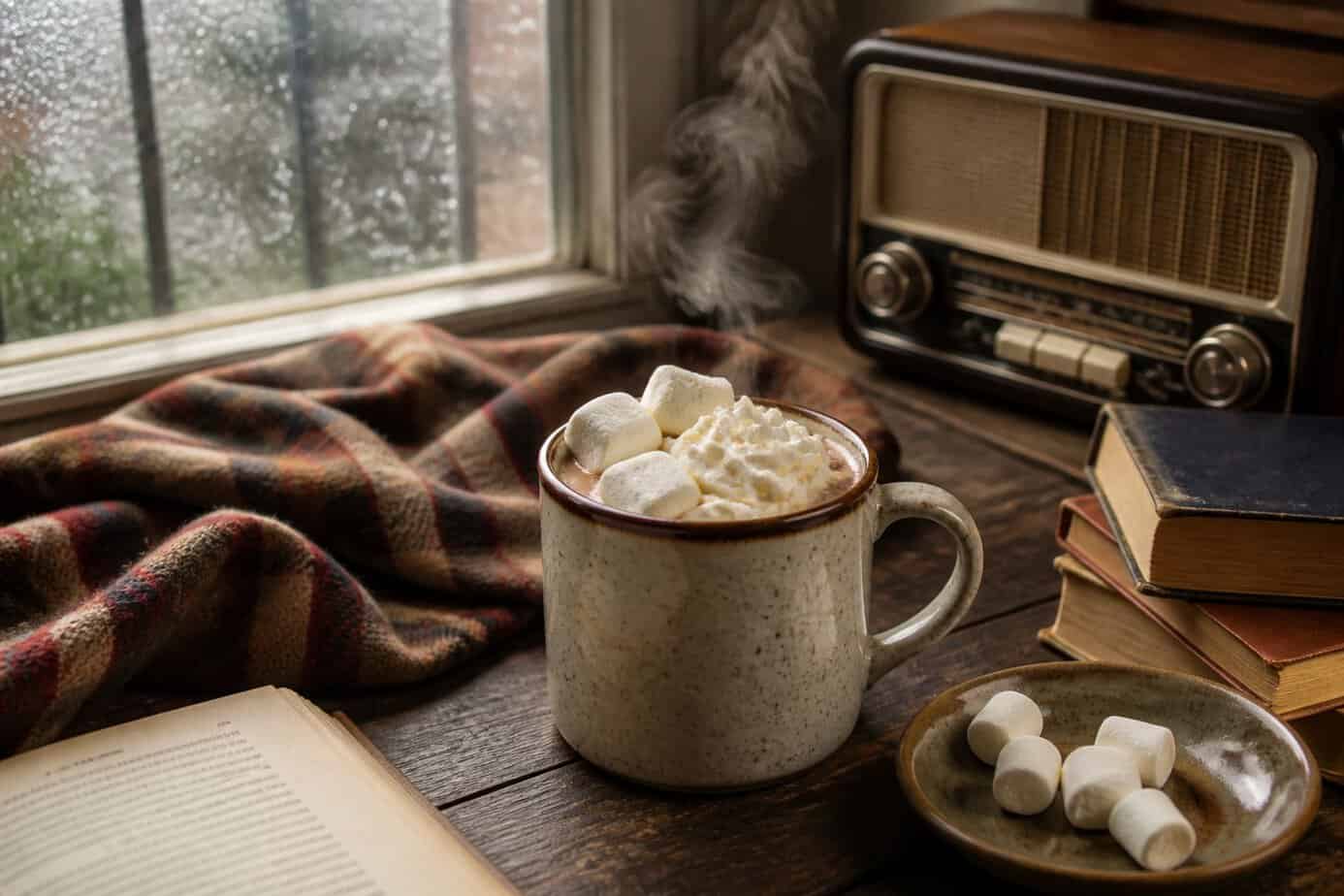 A steaming mug of hot cocoa topped with whipped cream and marshmallows on a wooden table by a rain-speckled window with cozy items nearby.