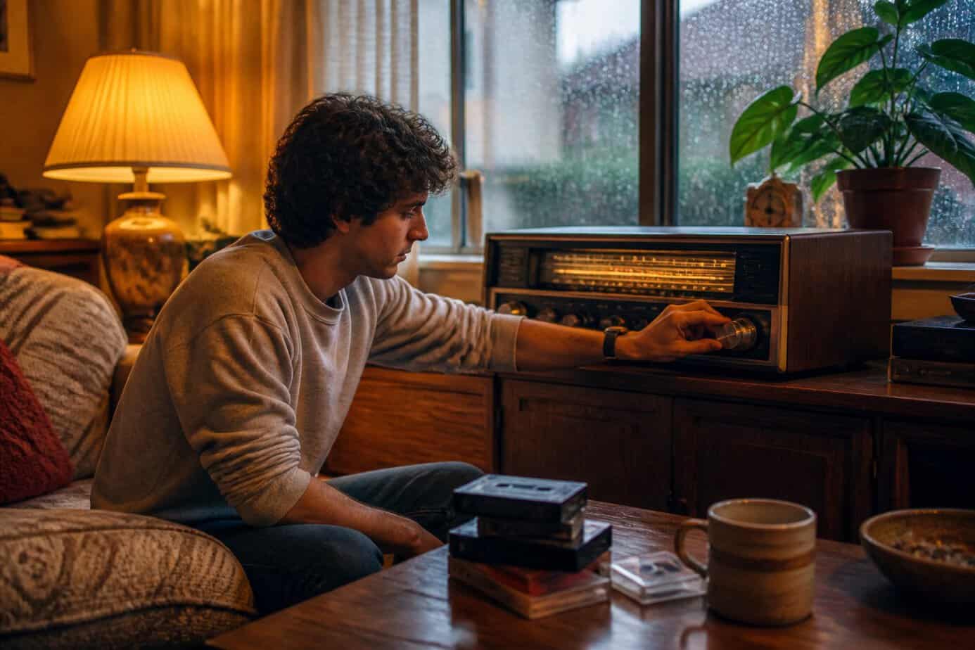 Person tuning a vintage AM/FM radio in a cozy living room on a rainy afternoon.