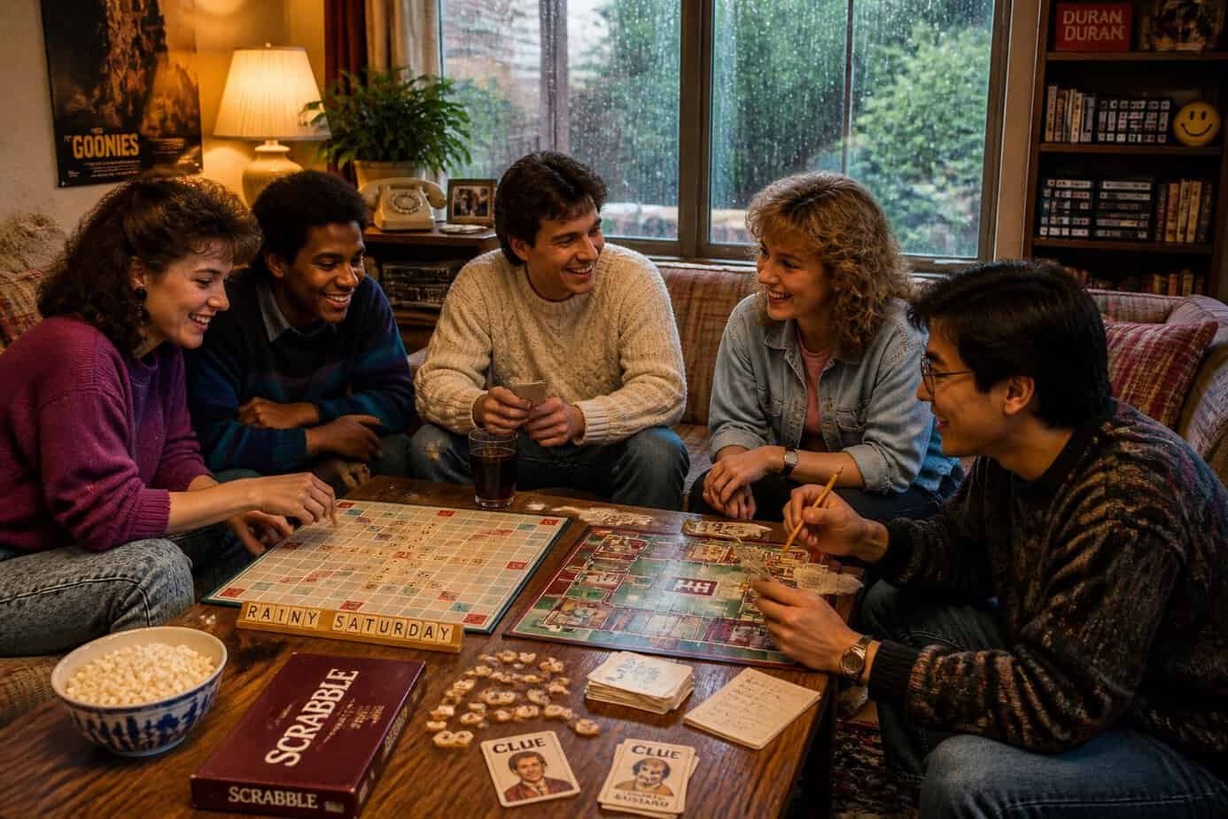 A group of people playing Scrabble and Clue around a table inside a cozy room on a rainy day.