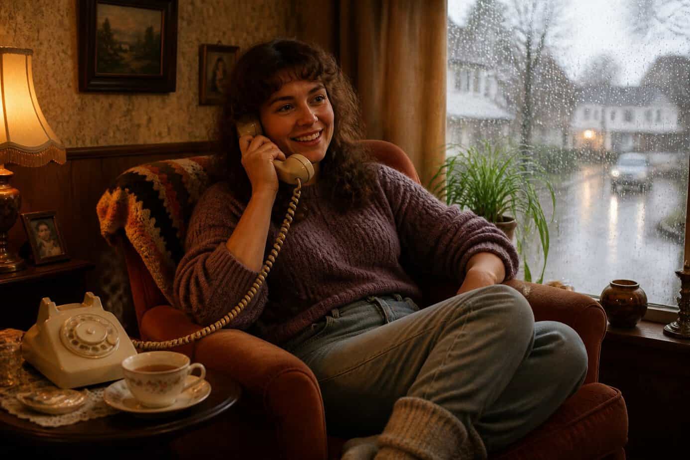 Person sitting in a cozy living room on a rainy day, talking on a rotary landline phone.